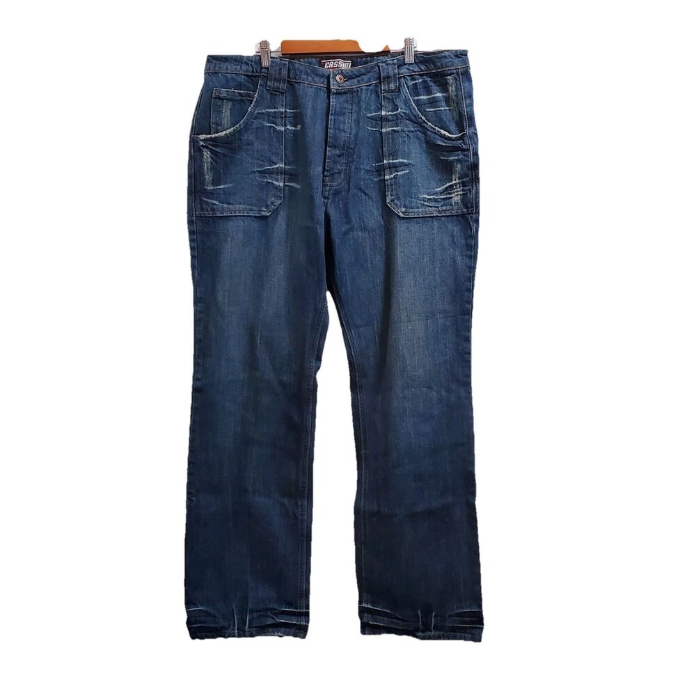 Y2K Oleg Cassini Jeans Men’s 38x32 VTG Button Fly Distressed Patch Pockets *B